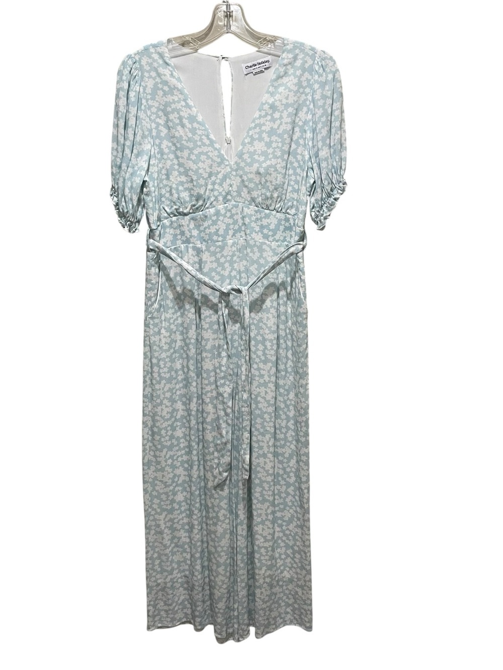 Charlie Holiday Floral Jumpsuit Blue White Puff Sleeve Tie Waist Women’s Size 6